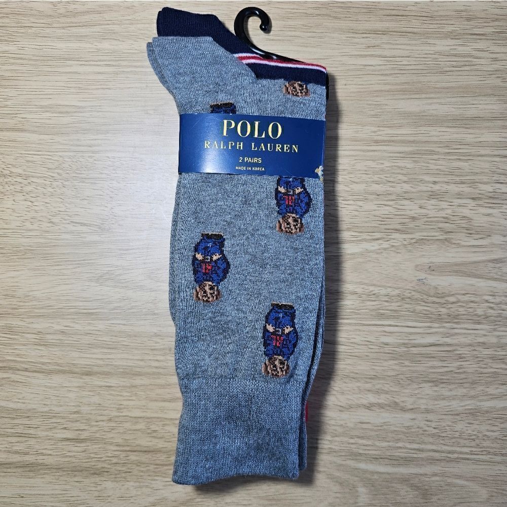Polo Ralph Lauren Bear USA Socks 2-Pack AOP Striped Large L 10-13 Grey Navy Pony - Picture 4 of 8